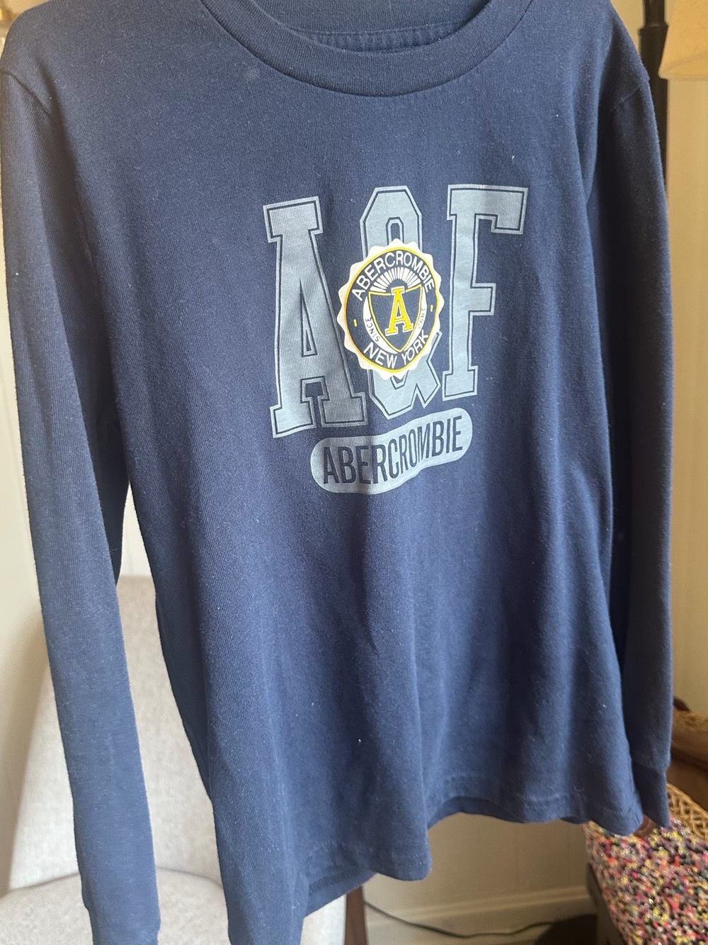 abercrombie kids Navy Crewneck Logo Sweater with Yellow Patch